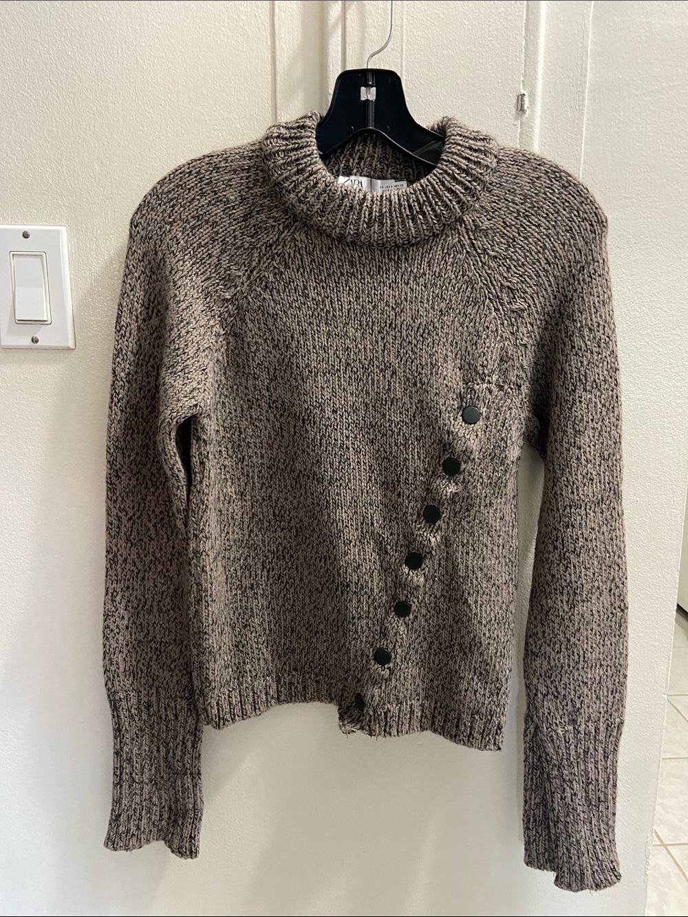 Zara Taupe Marled Turtleneck Sweater with Diagonal Button Detail
